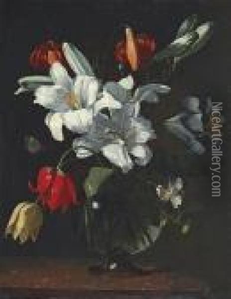 Lilies, Tulips And Other Flowers, In A Glass Vase, On A Ledge Oil Painting - Michelangelo Merisi Da Caravaggio