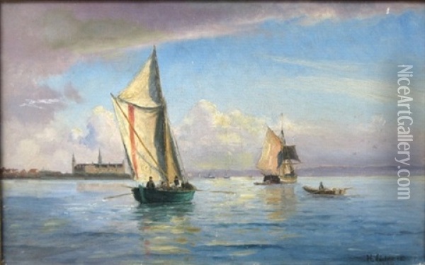 Skibe Pa Sundet Med Kronborg I Baggrunden Oil Painting - Holger Luebbers