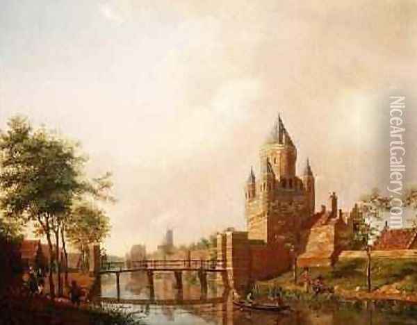A view of the Kleine Houtpoort Small Gateway in Haarlem with the Grote Houtpoort Great Gateway in the background, 1778 Oil Painting - Isaak Ouwater