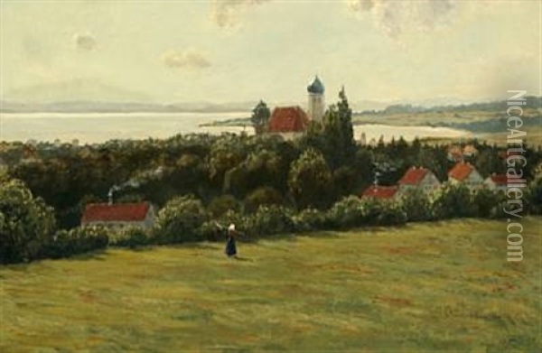 A South German Landscape With Church And A Larger Lake Oil Painting - Anders Andersen-Lundby