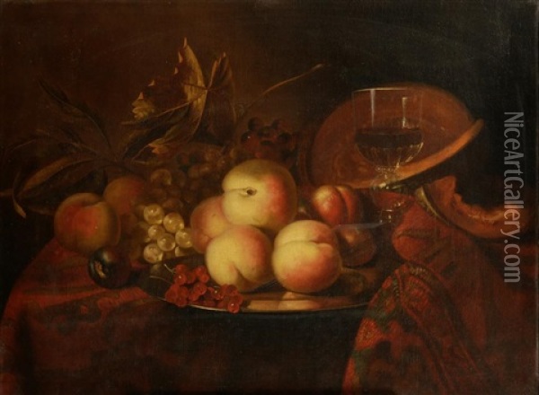 A Still Life Study Of Fruits And A Wine Glass On A Table Oil Painting - Jan Davidsz De Heem