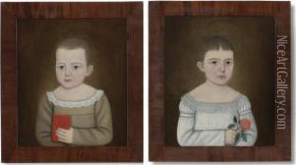 Pair Of Small-scaled Portraits Of A Sister And Brother Oil Painting - John, Brewster Jnr.