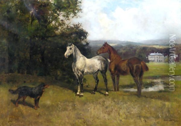 The Colonel's Horses And Collie With Huntroyde Hall Beyond Oil Painting - John Emms