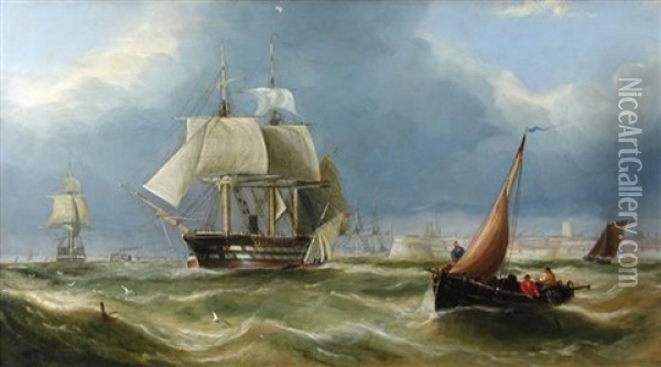 A Breezy Day Off Portsmouth Harbor Oil Painting - William Callow