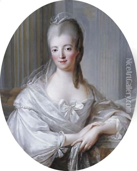 Portrait Of A Young Woman, Half-Length, Wearing A White Dress With A Large Bow Oil Painting - Francois-Hubert Drouais