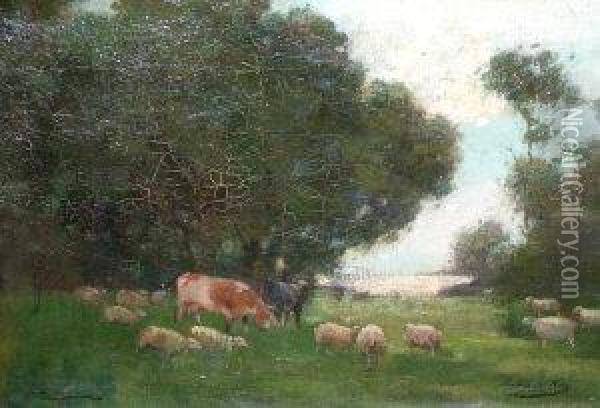 Scottish Rsa Rsw -- Cattle Watering By Woodland Oil Painting - Archibald Kay