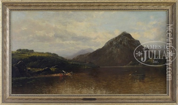 Mountainous Landscape With Boaters On A Lake Oil Painting - John Bunyan Bristol