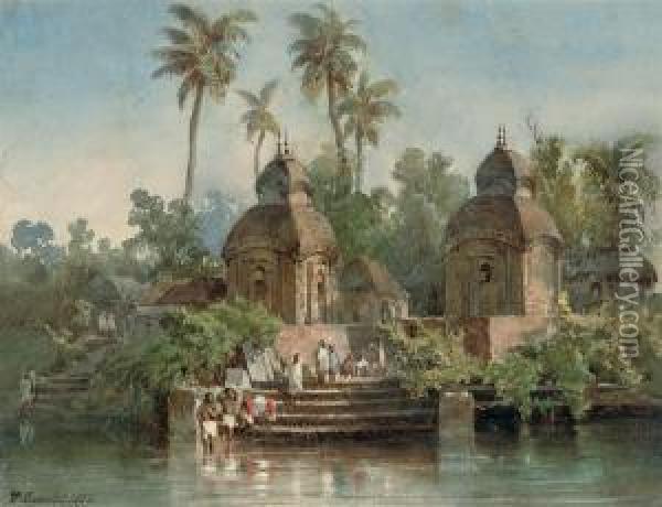 An Indian Village On The Banks Of A River With Figures Washing At The Ghats Oil Painting - Abraham Louis Buvelot