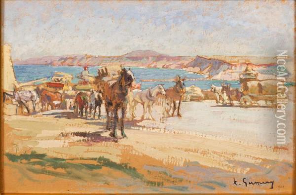 Le Dechargement Au Port Oil Painting - Adolphe Gumery