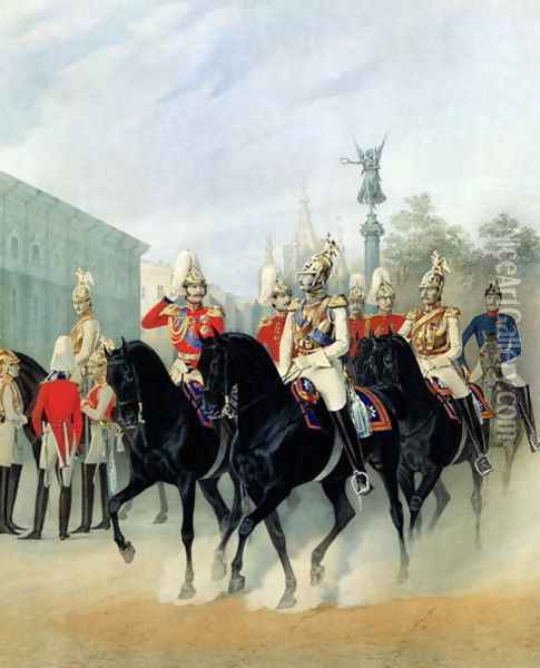 Emperor Nicholas I 1796-1855 and Grand Duke Alexander 1845-94 in St. Petersburg, 1843 Oil Painting - Karl Karlovich Piratsky