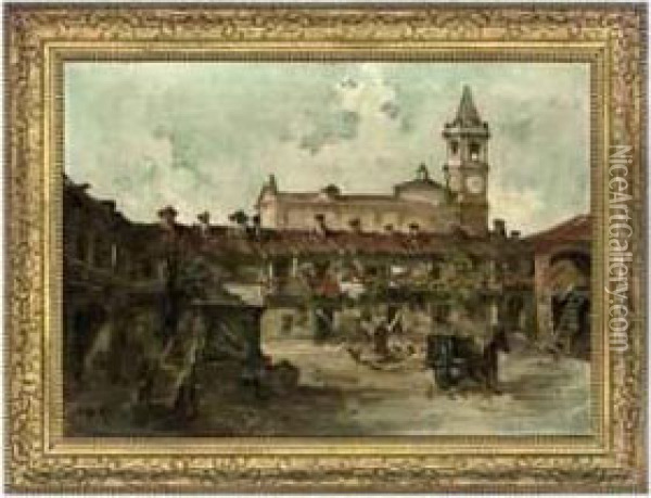 A Village Square Oil Painting - Giuseppe Riva