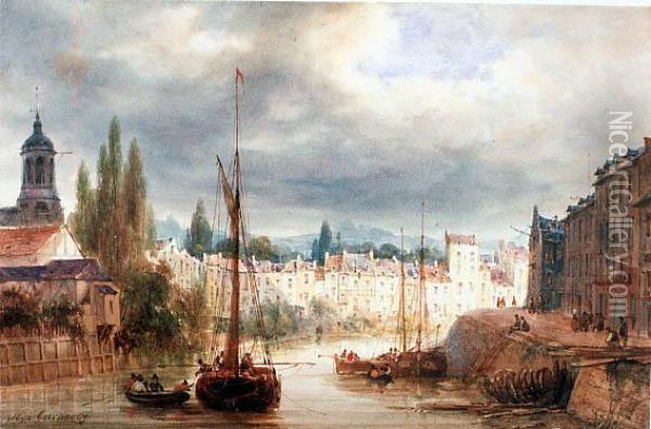 Bateaux Sur Un Canal Traversant Une Ville Oil Painting - Hippolyte Garneray