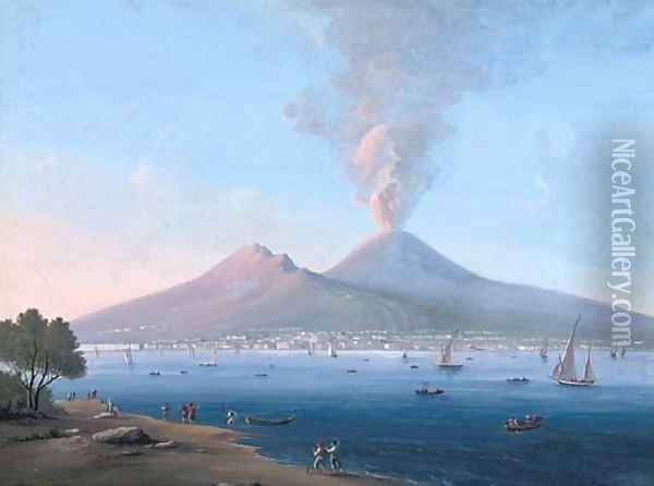 Figures on the Neapolitan coast before an active Vesuvius (illustrated) Oil Painting - Neapolitan School