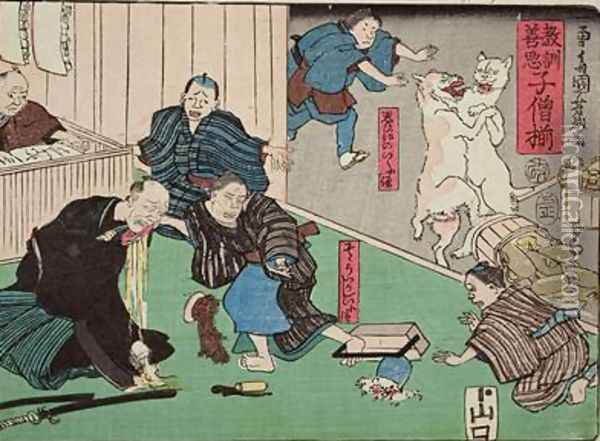 Moral teaching for shopboys giving good and bad examples of behaviour 9 Oil Painting - Utagawa Kuniyoshi
