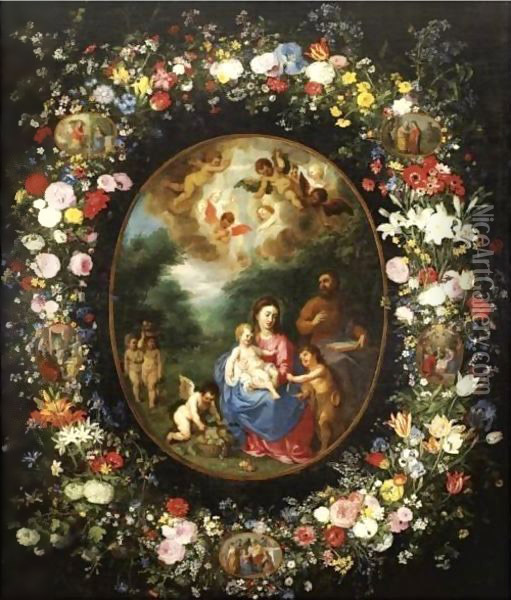 The Holy Family With The Infant Saint John The Baptist And Angels In A Landscape, Within A Garland Of Flowers Oil Painting - Jan Brueghel the Younger