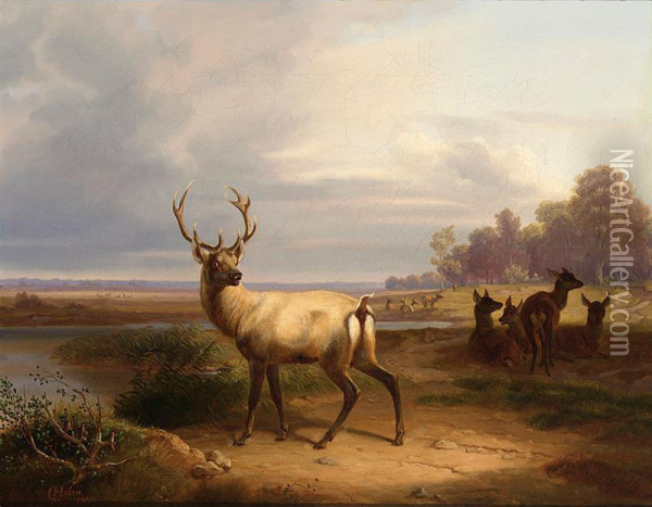 Deer In A Landscape Oil Painting - Christian Frederik Holm