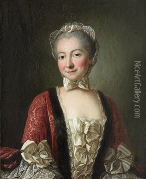 Portrait Of A Lady (marquise De Beauharnais?) In A Lace Gown And Fur-lined Coat, With A Bonnet Oil Painting - Francois Hubert Drouais