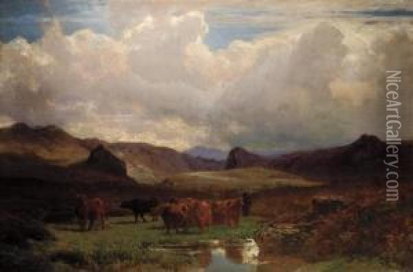 Cattle Grazing On A Hillside Beside A Lake Oil Painting - Auguste Bonheur
