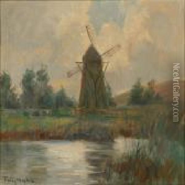 Landscape With A Mill Oil Painting - Poul Friis Nybo