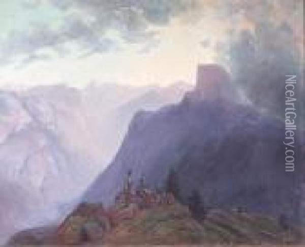 Two Figures On The Rim Of Yosemite Valley With Half Dome In The Distance Oil Painting - Harry Cassie Best
