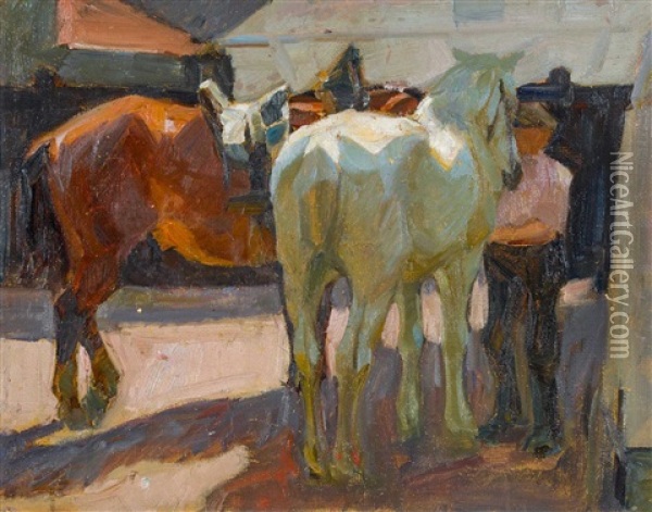 Knecht Mit Zwei Pferden Oil Painting - Franz Jakob Elmiger