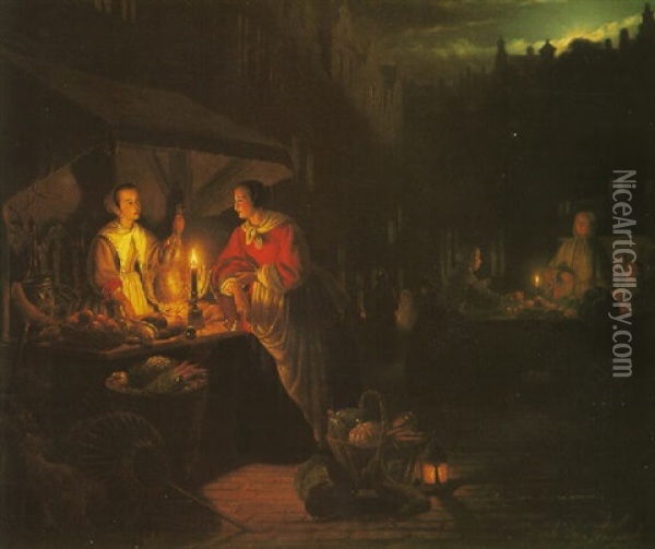 A Market Place By Candlelight Oil Painting - Petrus van Schendel