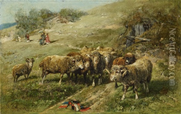 Sheep And Walkers In The Background Oil Painting - Heinrich von Zuegel
