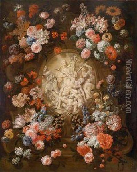 Einblumenkranz Um Ein Medaillon Mit Einem Motiv Aus Derfruhchristlichen Geschichte Oil Painting - Jan-baptist Bosschaert