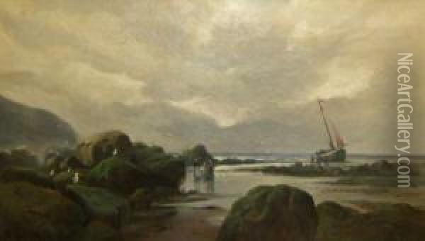 Rocky Coastal View With Fisherfolk On A Beach With Their Boat Oil Painting - Edwin Ellis