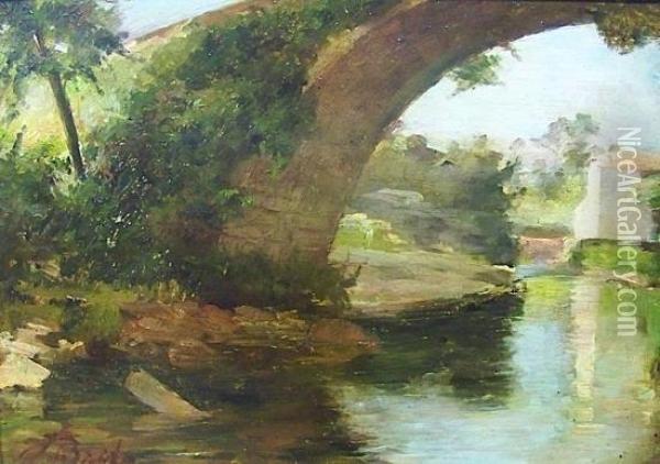 Paysage A La Riviere Et Au Pont Oil Painting - Jose De Brito