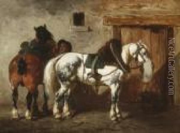 Stallbursche Mit Zwei
 Pferden. Oil Painting - Achille Giroux