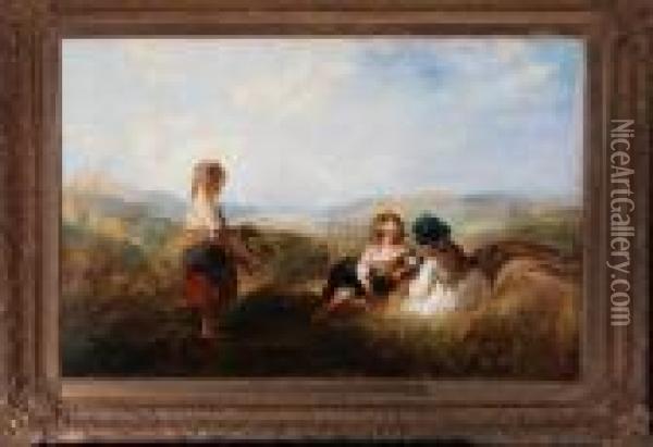 Three Girls In A Cornfield Oil Painting - John Henry Mole
