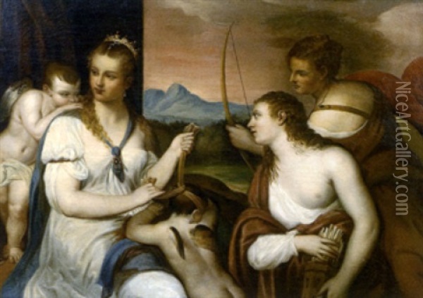 Venus Bandant Les Yeux A L'amour (after Titian) Oil Painting - Alexandre-Francois Caminade