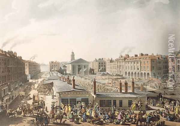 Covent Garden Market, Birds Eye View, from Ackermanns Microcosm of London, 1811 Oil Painting - T. Rowlandson & A.C. Pugin