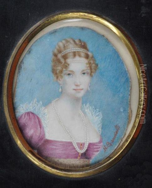 A Miniature Bust Portrait Of A Young Woman Wearing A Fuchsia Lace-trimmed Dress And Pearls Oil Painting - N Gardelli