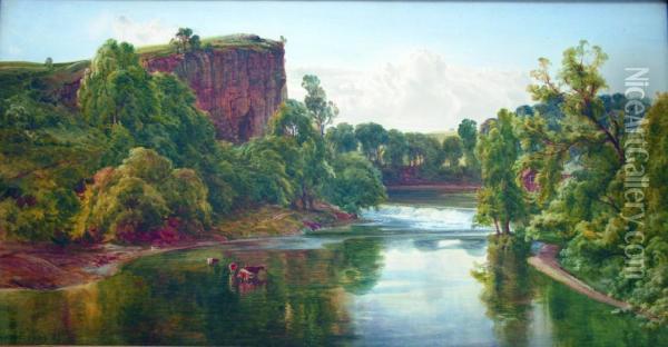 River Landscape With Cattle Watering (peak District?) Oil Painting - Bernard Walter Evans