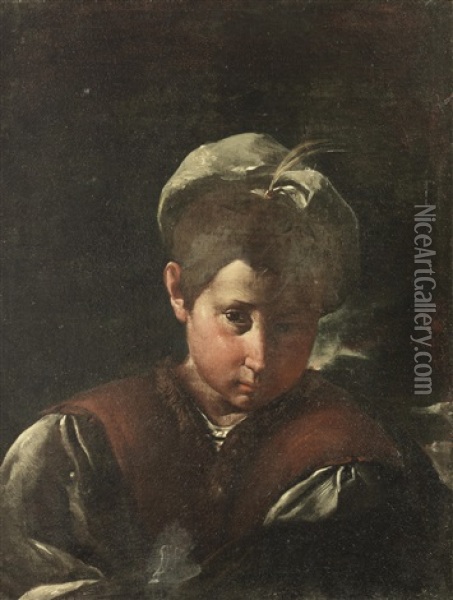 Portrait Of A Boy, Bust-length, In A Brown Waistcoat With A White Cap Oil Painting - Pier Francesco Mola