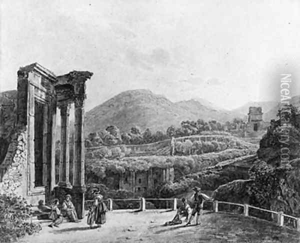 The Temple of the Sybills at Tivoli with Figures overlooking the Ruins of the Villa Gregoriana Oil Painting - Johann Nepomuk Schodlberger