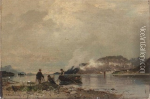 Netzeinholende Fischer Im Sommerlichen Fjord Oil Painting - Georg Anton Rasmussen