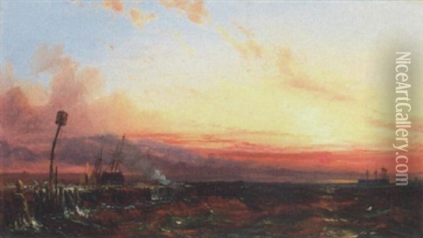 Coastal Scene At Sunset Oil Painting - Henry Bright