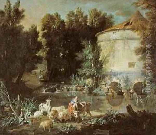 Landscape with a Round Tower, 1737 Oil Painting - Jean-Baptiste Oudry