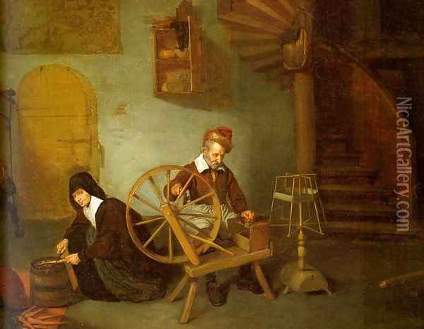 Man Spinning & Woman Scraping Carrots 1653-54 Oil Painting - Quiringh Gerritsz. van Brekelenkam