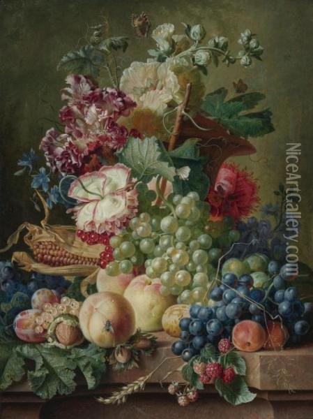 Still Life Of Flowers And Fruits On A Marble Ledge Oil Painting - Paul-Theodor Van Brussel