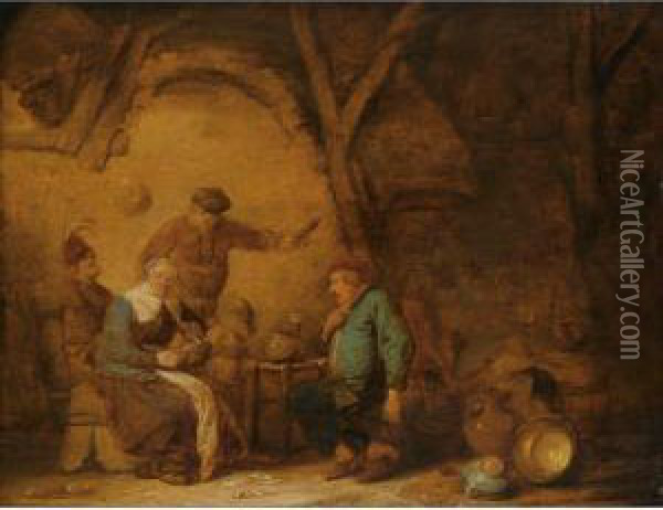Peasants Smoking And Drinking In
 An Inn, A Still Life Of Earthenware Pots And A Copper Bowl To The Right Oil Painting - Benjamin Gerritsz. Cuyp