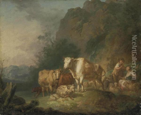 A Shepherd And Shepherdess Resting With Their Herd, A Mountainous Landscape Beyond Oil Painting - Jean-Honore Fragonard
