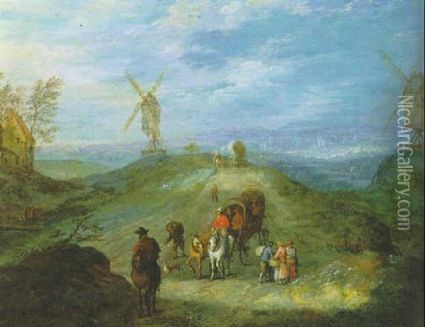 Reiter Und Reisende In Pferdewagen In Einer Weiten Flandrischen Landschaft Mit Windmuehlen Oil Painting - Joseph van Bredael