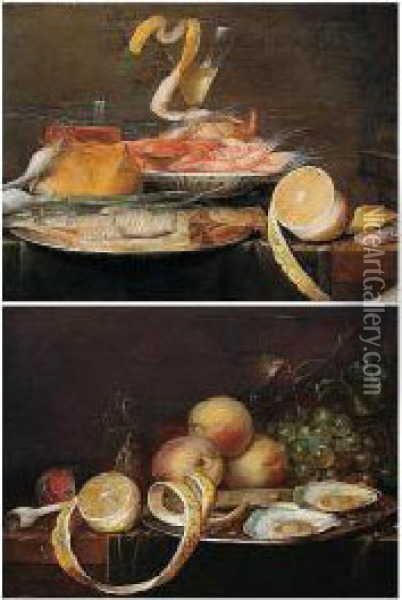 A Still Life Of Shrimps In A 
Blue-and-white Porcelain Bowl, Together With A Herring On A Pewter Dish,
 A Peeled Lemon, A Wine Glass, Bread And Onions, All Arranged Upon A 
Partly Draped Table-top Oil Painting - Joris Van Son
