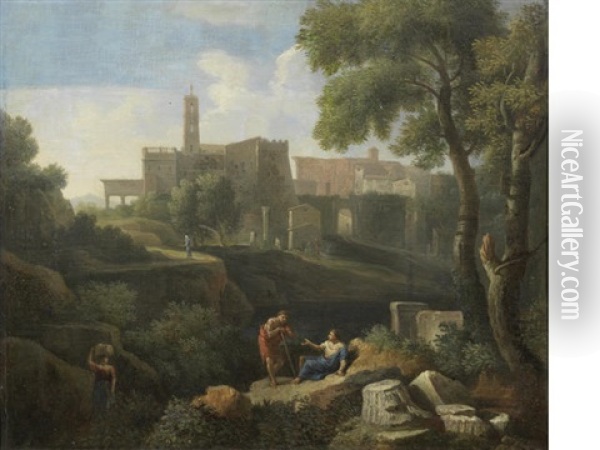 An Italianate Landscape With Classical Figures Conversing And A Village Beyond Oil Painting - Jan Frans van Bloemen