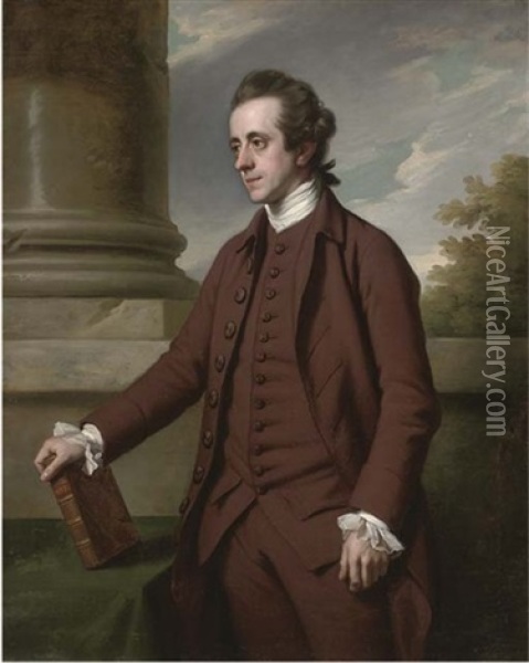 Portrait Of William Baker, M.p. Of Bayfordbury Manor, Hertford, In A Brown Suit, His Right Hand Holding A Volume Of Milton, By A Column In A Landscape Oil Painting - Nathaniel Dance Holland (Sir)