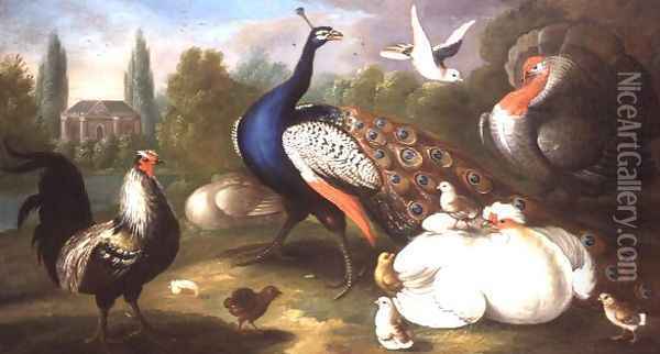 A Peacock, Turkey, Hen, Cockerel and Dove by a River Oil Painting - Marmaduke Craddock